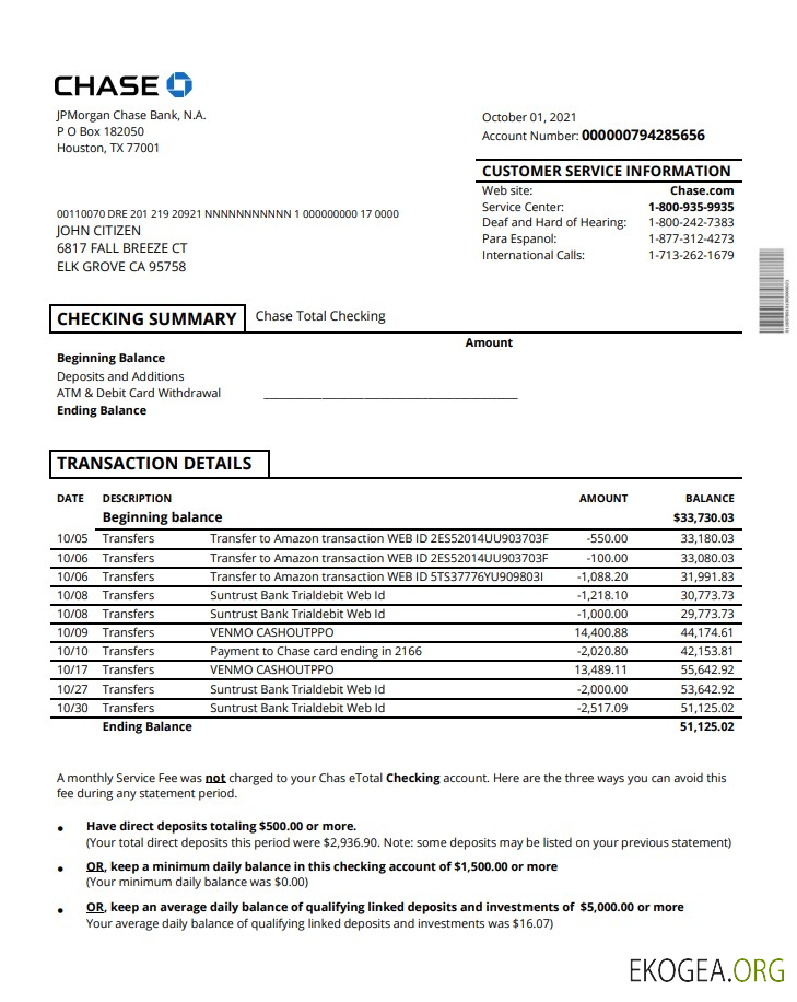 Relevé de compte USA Chase